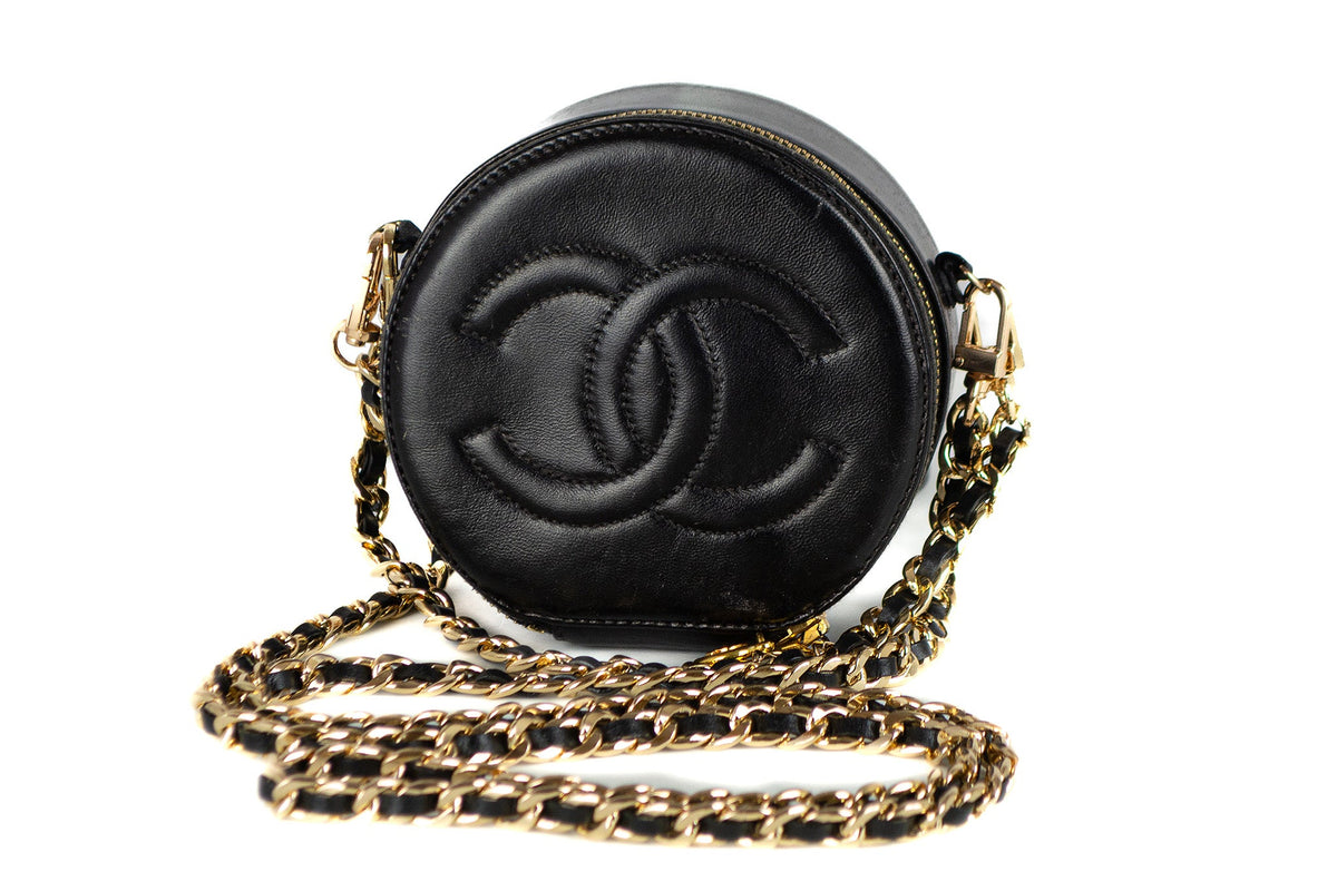 Chanel Black Leather Timeless Round Vanity Converted Crossbody bag Vintage  – Audrey's of Naples